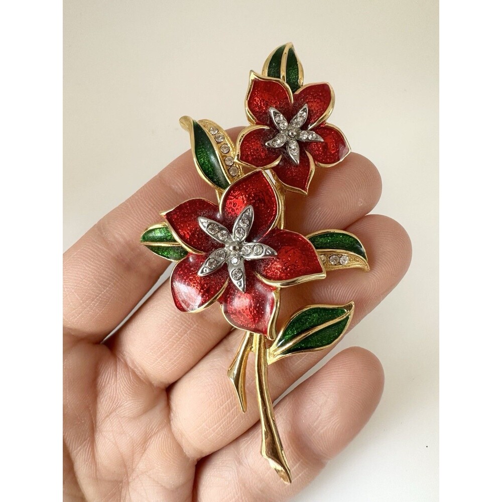 Vintage C'est Bien Floral Red Enamel Brooch Gold Tone 1960s